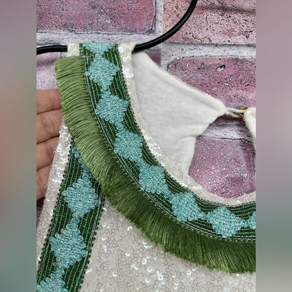 PHO FIRENZE WHITE SEQUIN MINI DRESS WITH DECORATED PROFILES XS - Picture 9 of 17